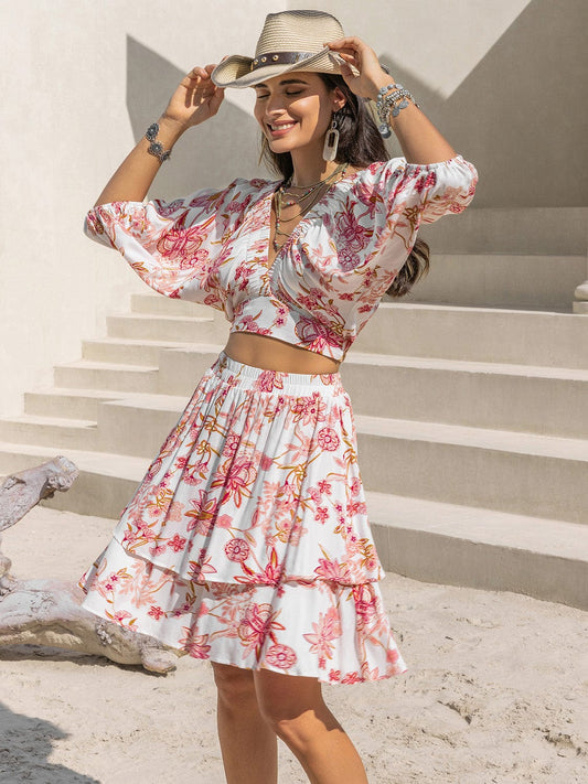 The Nichole Collection Blush Pink / S Blooming Breeze Printed Top & Layered Skirt Set
