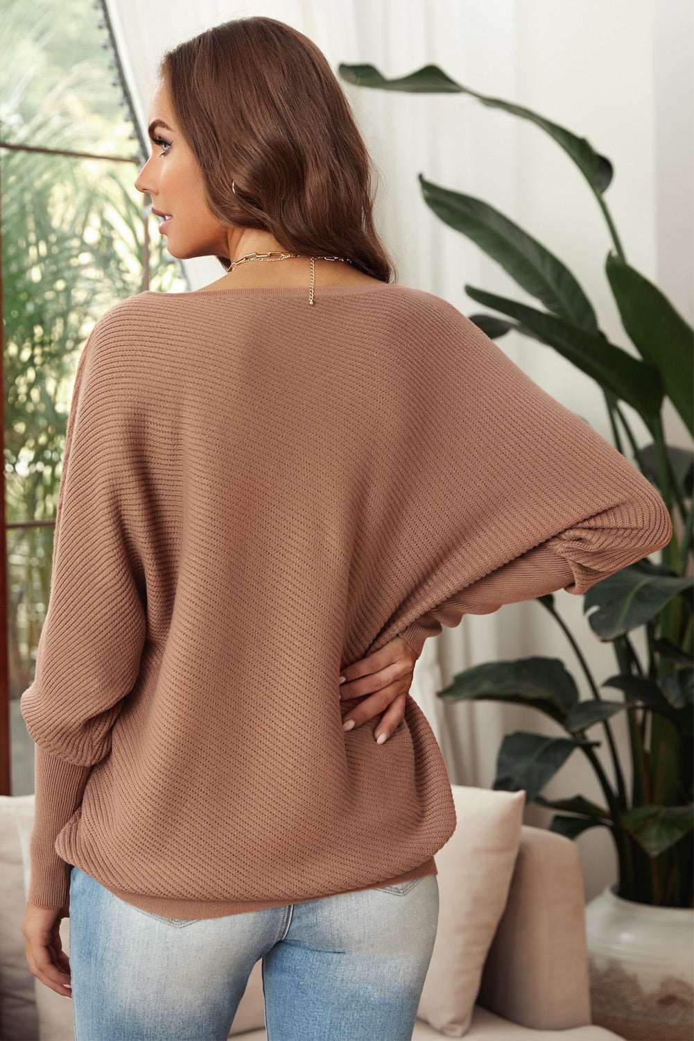 Boat Neck Flare Sleeve Knit Pullover 