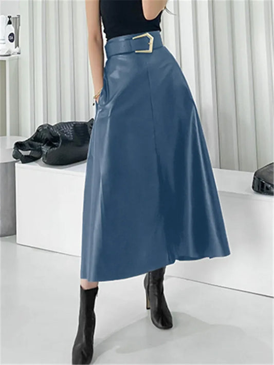 Boho Chic Faux Leather A-Line Skirt - Empire Waist Mid-Calf Length - Skirts by The Nichole Collection