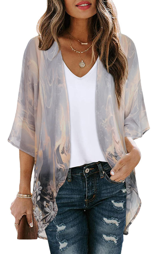 The Nichole Collection Medium / Grey Gold Floral Botanical Blush Kimono