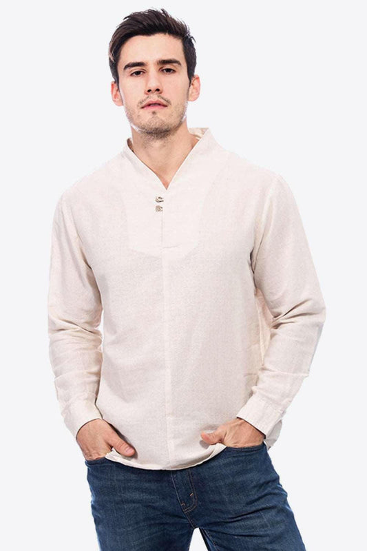 Buttoned V-Neck Linen Tee with Long Sleeves - Men's Shirts by The Nichole Collection