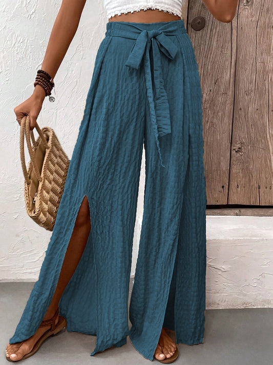 Honey Tied Slit Wide Leg Pants - Pants by The Nichole Collection