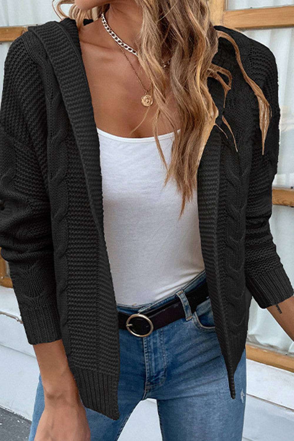 Cable-Knit Dropped Shoulder Hooded Cardigan | On sale | 65%