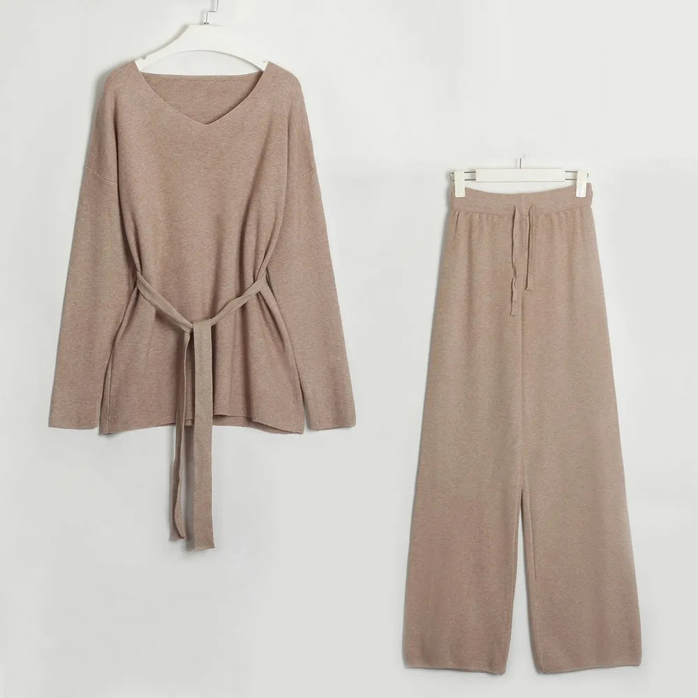 Casual V-neck Knitted Two Piece Pant Set