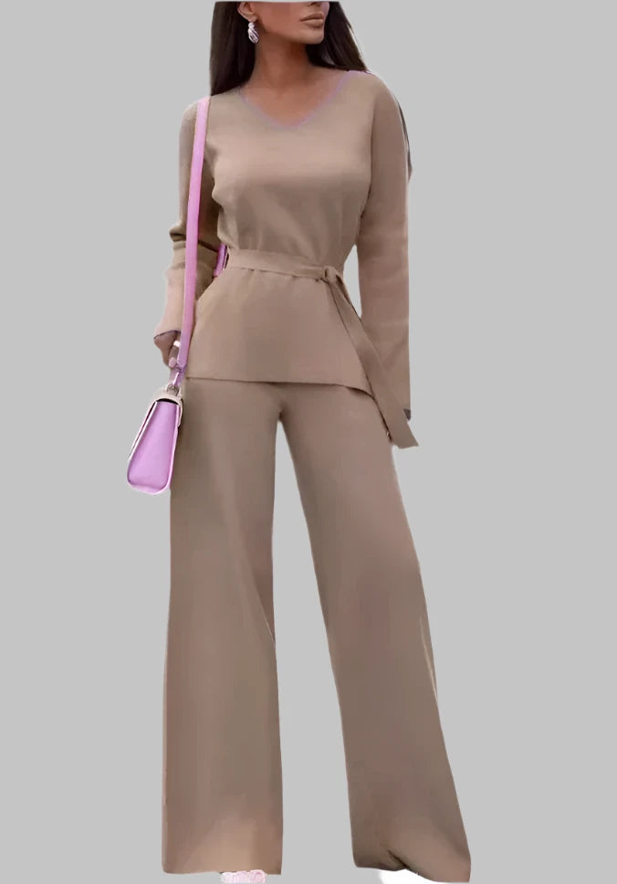 Casual V-neck Knitted Two Piece Pant Set - 2 Piece Suits by The Nichole Collection