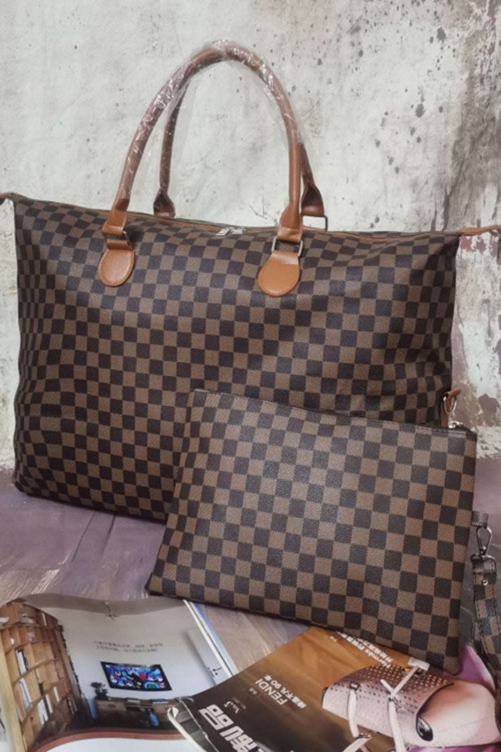 Checkered Two-Piece Tote Bag Set 