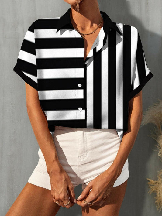 Chic Striped Short Sleeve Button-Up Shirt - shirt by The Nichole Collection