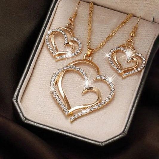 3 Pcs Rhinestone Double Heart Jewelry Set