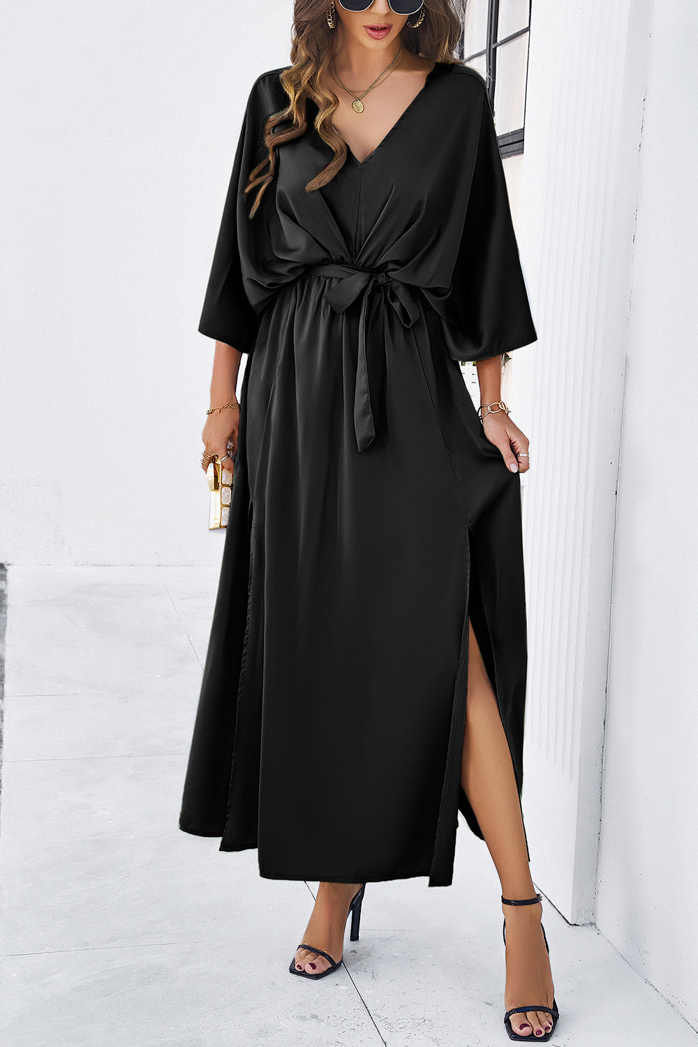 V-Neck Three-Quarter Sleeve Dress with Stylish Side Slit