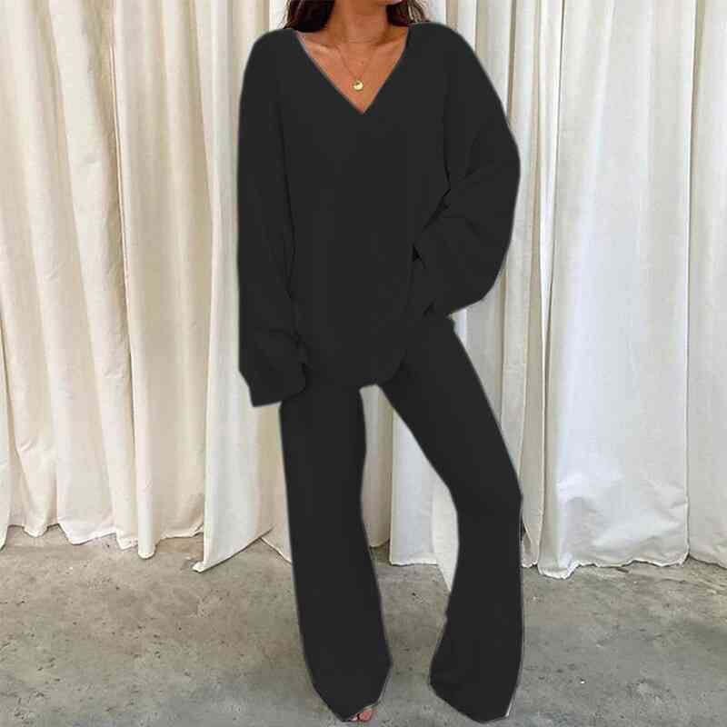 V - Neck Long Sleeve Top and Pants Set