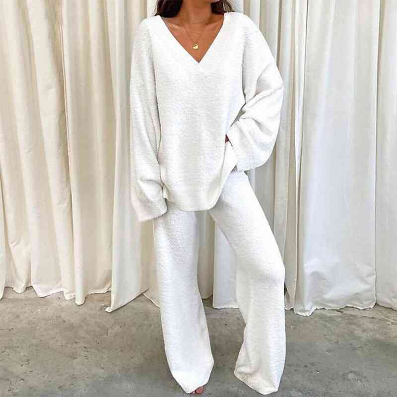 V - Neck Long Sleeve Top and Pants Set