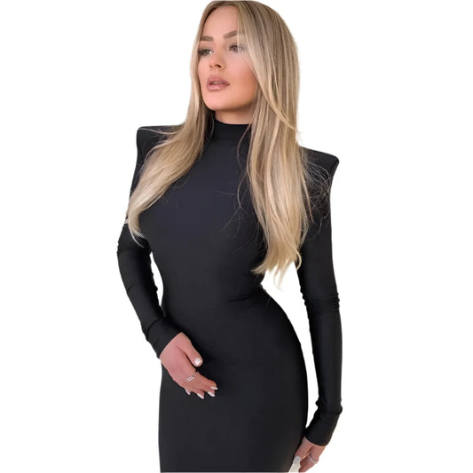 Solid Long Sleeve Turtleneck Maxi Dress With Shoulder Pads