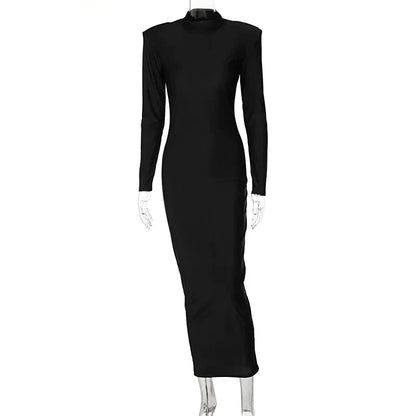 Solid Long Sleeve Turtleneck Maxi Dress With Shoulder Pads