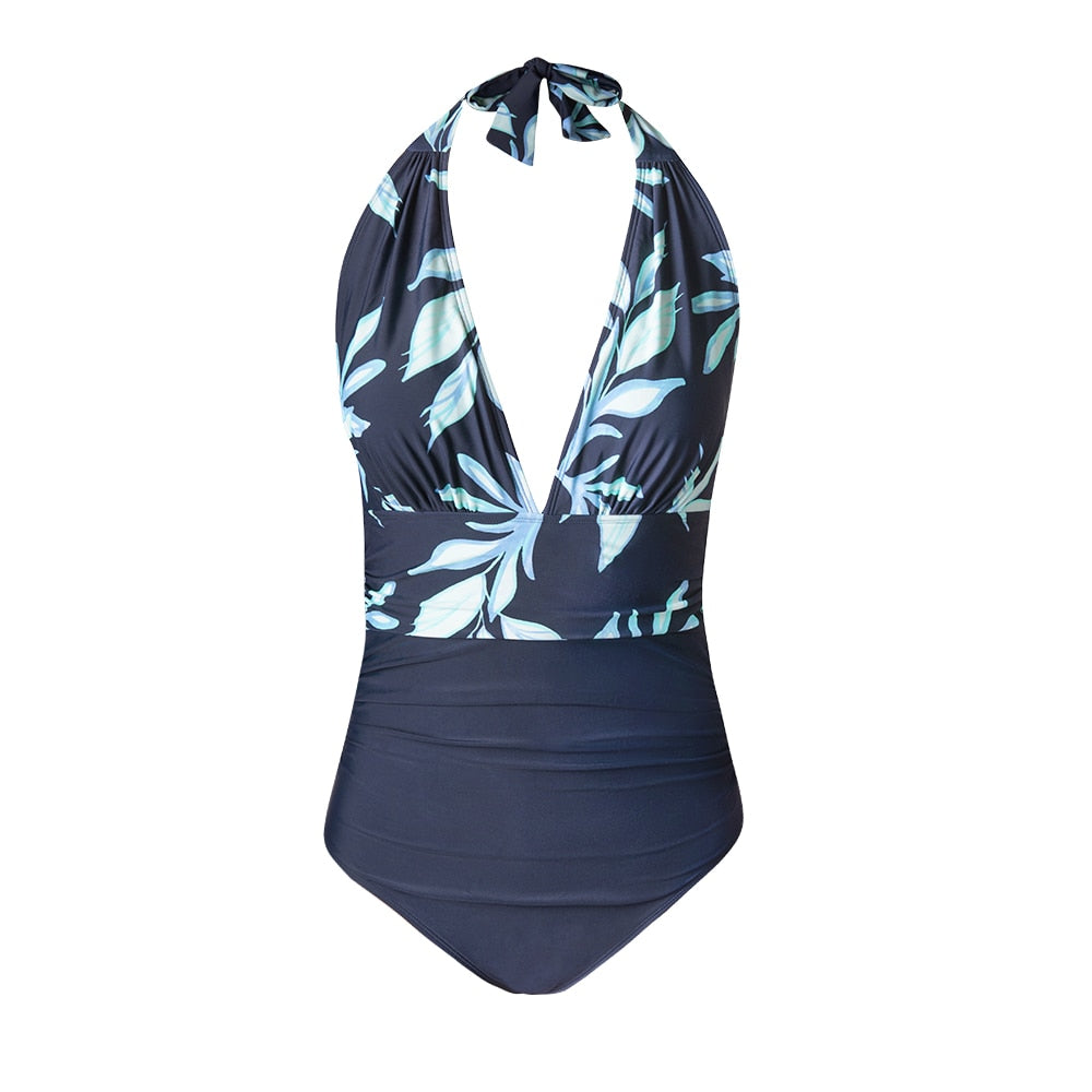 Floral Deep V-neck Halter One-Piece Swimsuit 