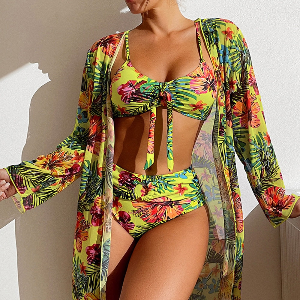 High Waisted Bikini Three Pieces Floral Printed Swimsuit 