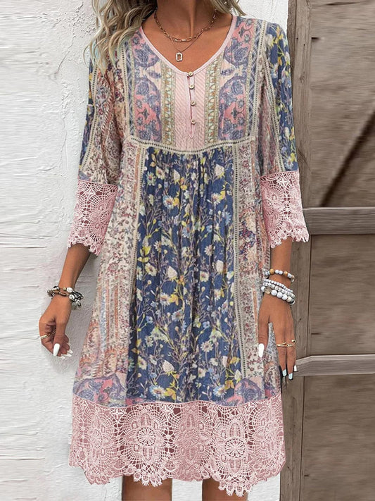 The Nichole Collection Blush Pink / S Full Size Lace Detail Printed Three-Quarter Sleeve Dress