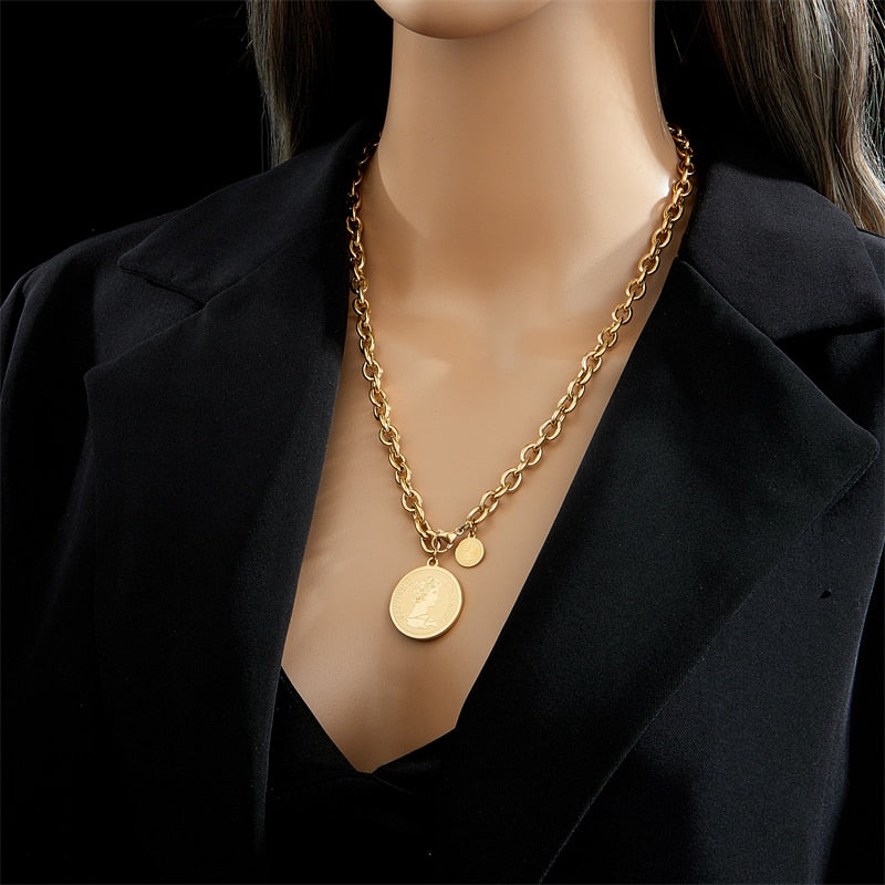 Stainless Steel Gold Round Portrait Coin Necklace 