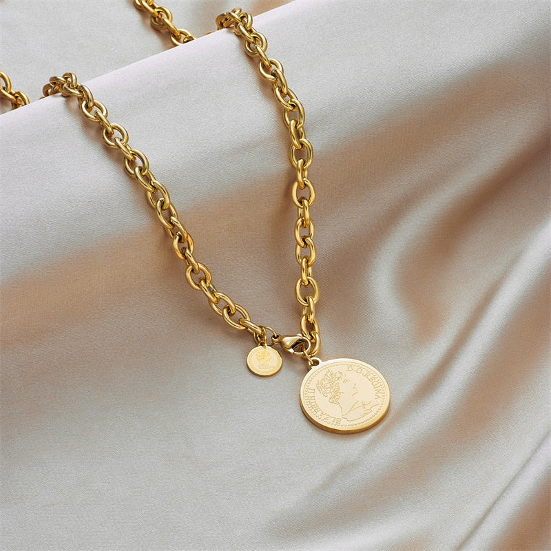 Stainless Steel Gold Round Portrait Coin Necklace 