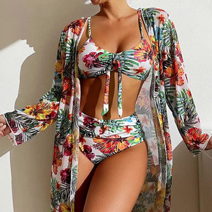 High Waisted Bikini Three Pieces Floral Printed Swimsuit 