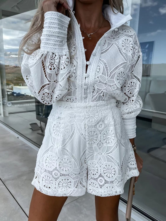 The Nichole Collection White / S Lace Button Detail Long Sleeve Top and Shorts Set