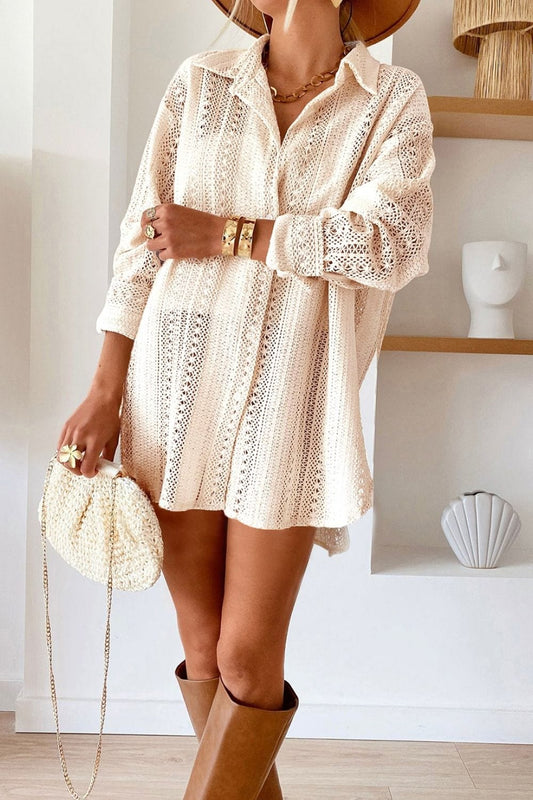 The Nichole Collection Beige / S Lace Crochet Collared Neck Oversized Shirt