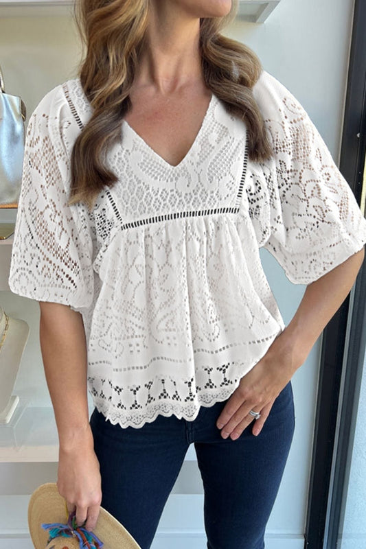 The Nichole Collection White / S Lace Crochet Hollowed Scallop Hem V Neck Blouse