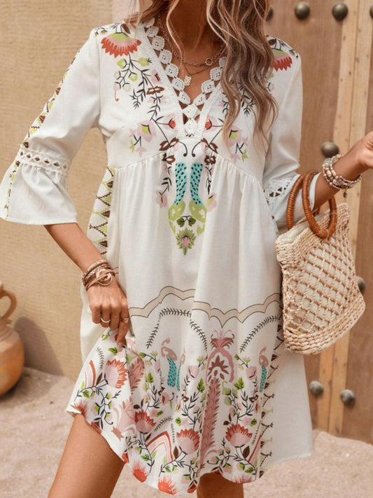 The Nichole Collection Apricot / S Lace Detail Printed Three-Quarter Sleeve Dress