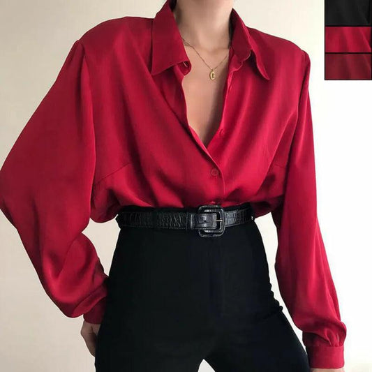 Long Sleeve Turn Down Chiffon Collar Shirt