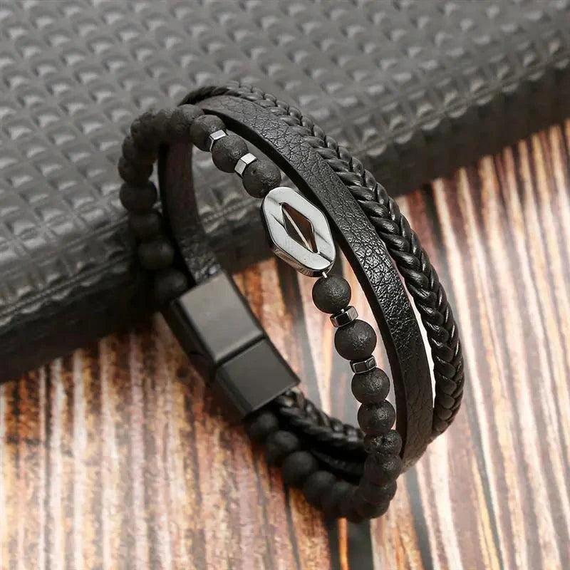 Genuine Leather Bracelets Volcanic stone2 / 19cm Luxury Hand-Woven Men’s Leather Bracelet