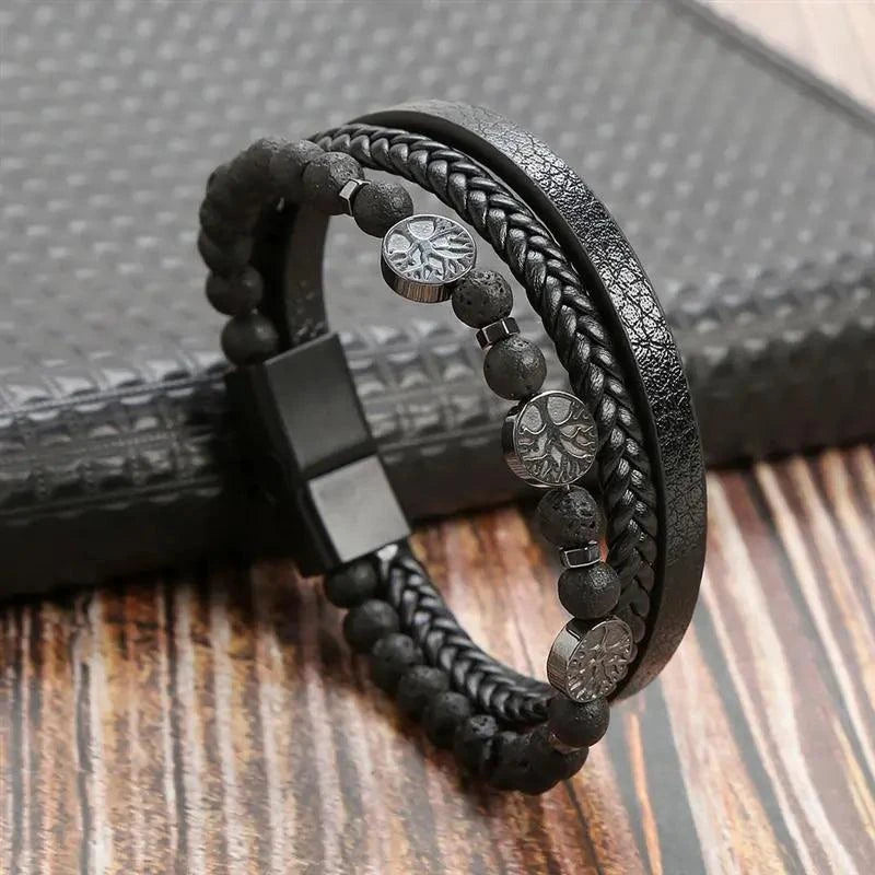 Genuine Leather Bracelets Volcanic stone1 / 19cm Luxury Hand-Woven Men’s Leather Bracelet