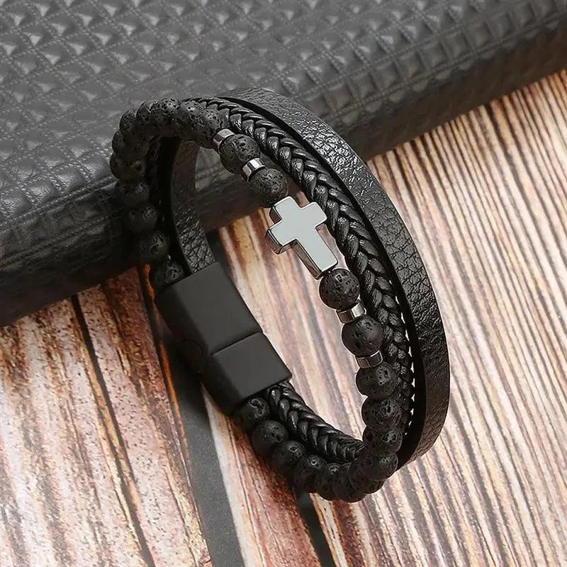 Genuine Leather Bracelets Volcanic stone / 19cm Luxury Hand-Woven Men’s Leather Bracelet