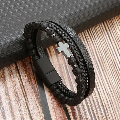 Genuine Leather Bracelets Volcanic stone / 19cm Luxury Hand-Woven Men’s Leather Bracelet