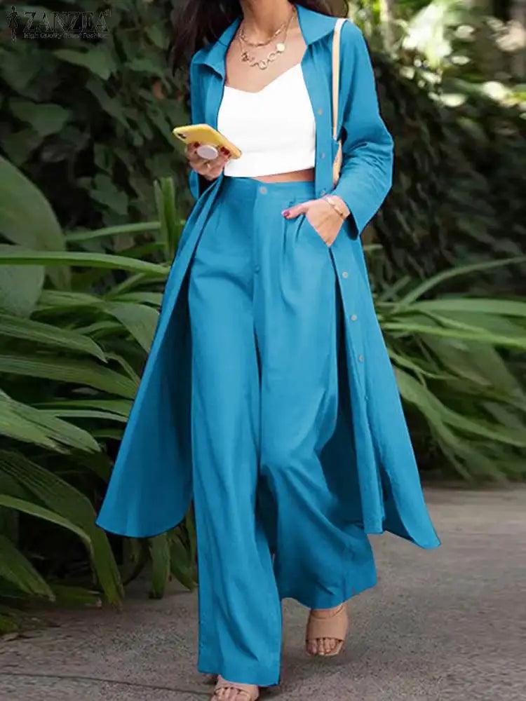 Luxury Women's Casual Lapel Button Blouse and Wide Leg Trousers Set - 2 Piece Suits by The Nichole Collection