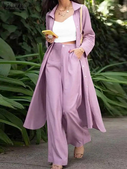 Luxury Women's Casual Lapel Button Blouse and Wide Leg Trousers Set