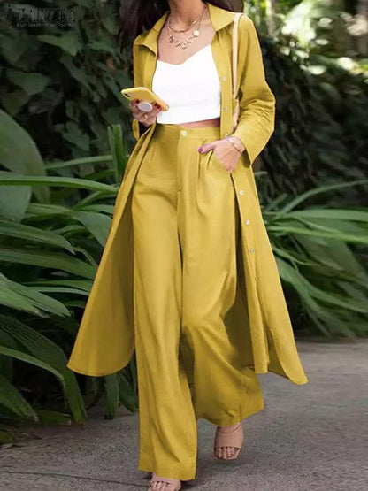 Luxury Women's Casual Lapel Button Blouse and Wide Leg Trousers Set - 2 Piece Suits by The Nichole Collection