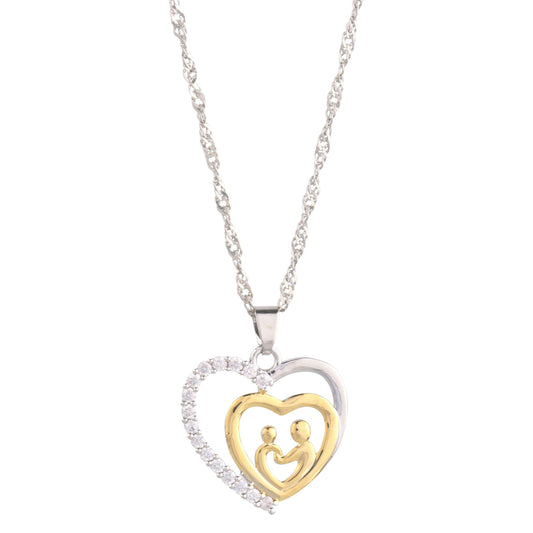 Mother and Child Pave Heart Pendant Necklace