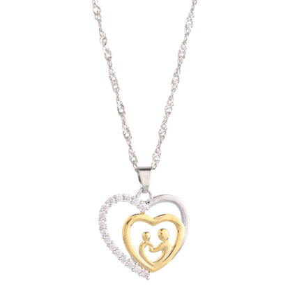 Mother and Child Pave Heart Pendant Necklace