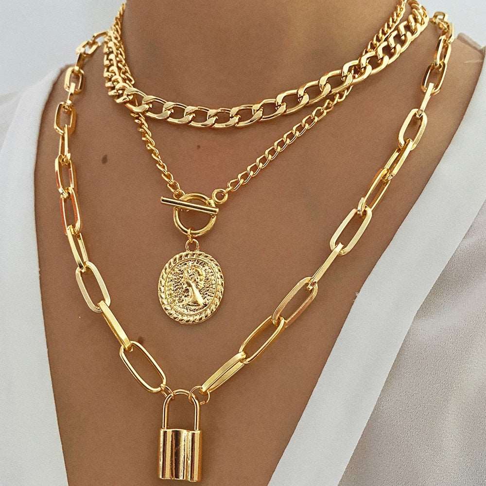 Multilayer Gold Color Chain Lock Pendant Necklace 