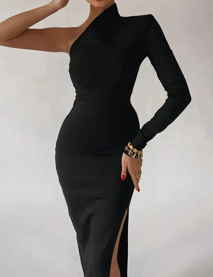 One Shoulder Maxi Black Bodycon Dress