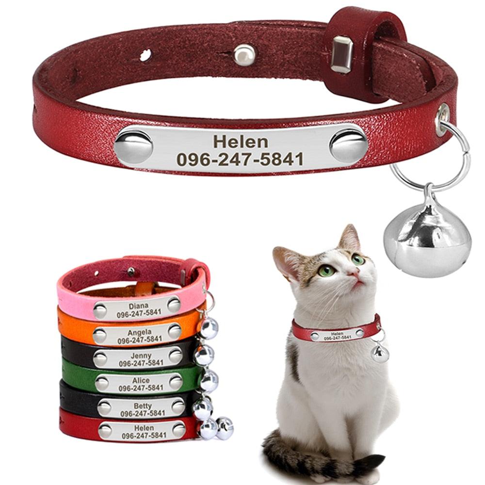 Personalized Leather Cat Collar with Reflective Accents - Cat by The Nichole Collection