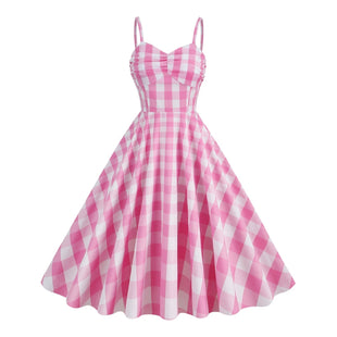 Spaghetti Straps Pink and White Plaid Flare Tea Dress 