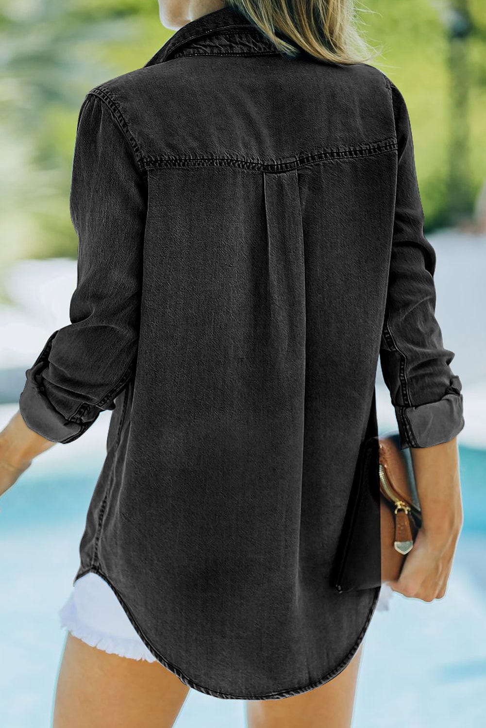 The Nichole Collection Pocketed Collared Neck Long Sleeve Denim Top
