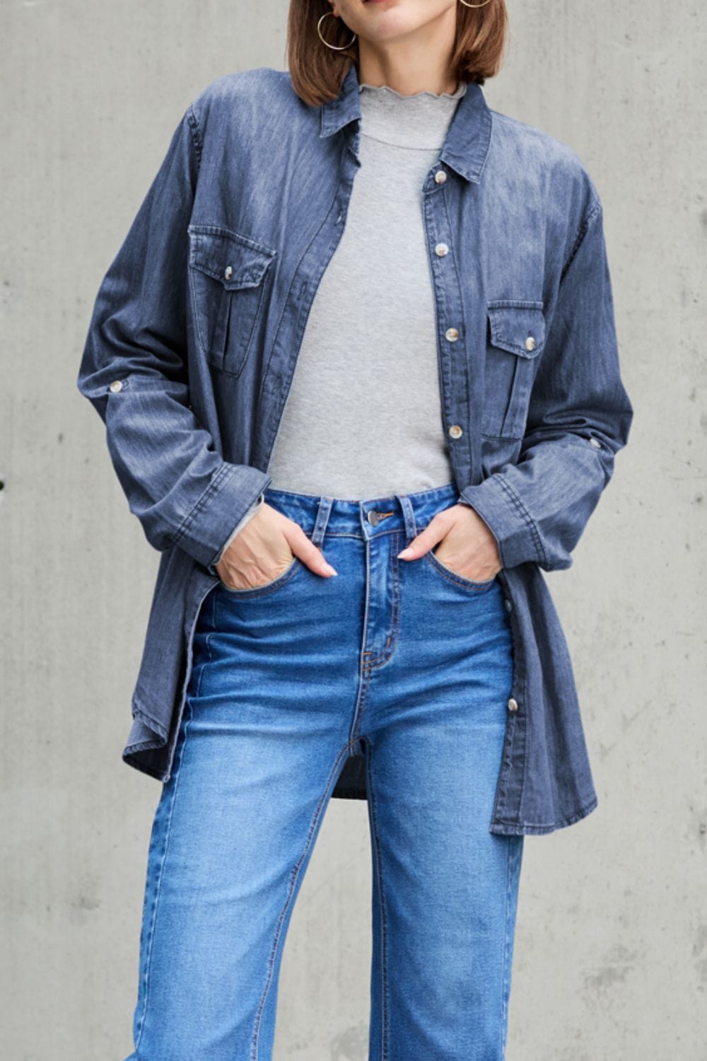 The Nichole Collection Pocketed Collared Neck Long Sleeve Denim Top