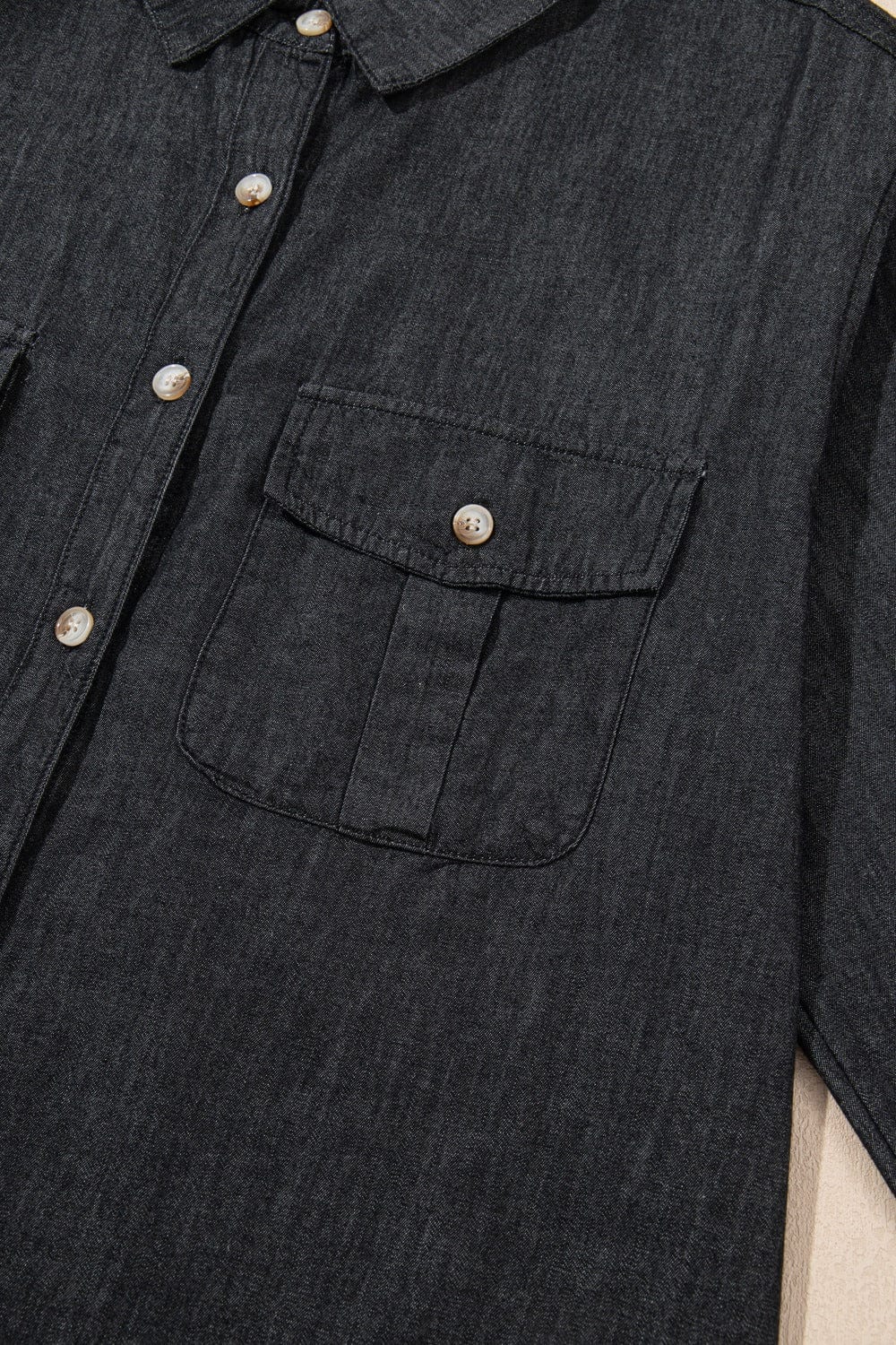 The Nichole Collection Pocketed Collared Neck Long Sleeve Denim Top