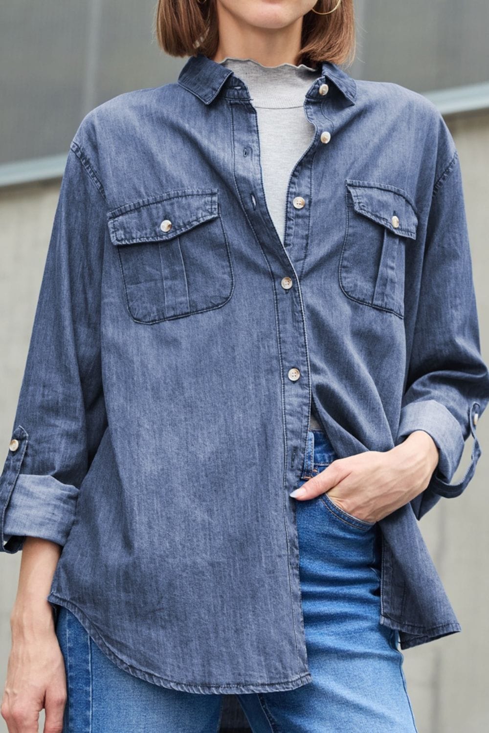 The Nichole Collection Navy / S Pocketed Collared Neck Long Sleeve Denim Top