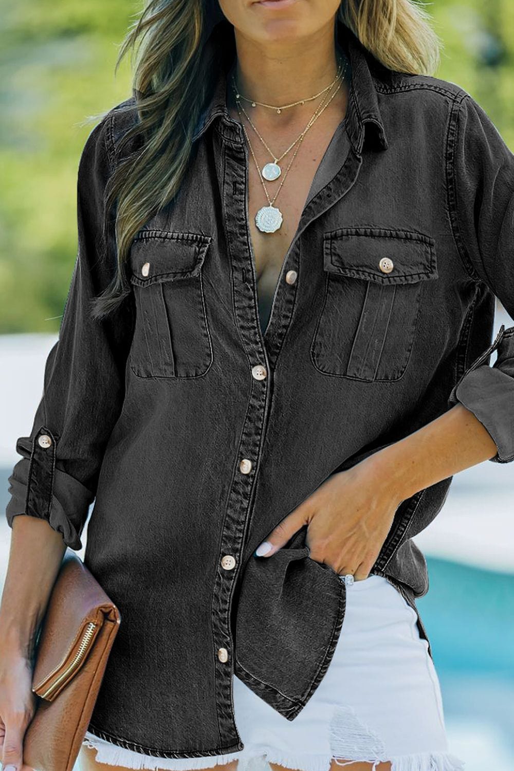 The Nichole Collection Black / S Pocketed Collared Neck Long Sleeve Denim Top