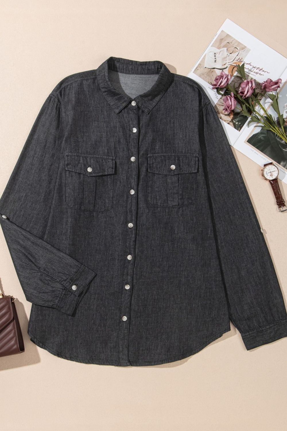 The Nichole Collection Pocketed Collared Neck Long Sleeve Denim Top