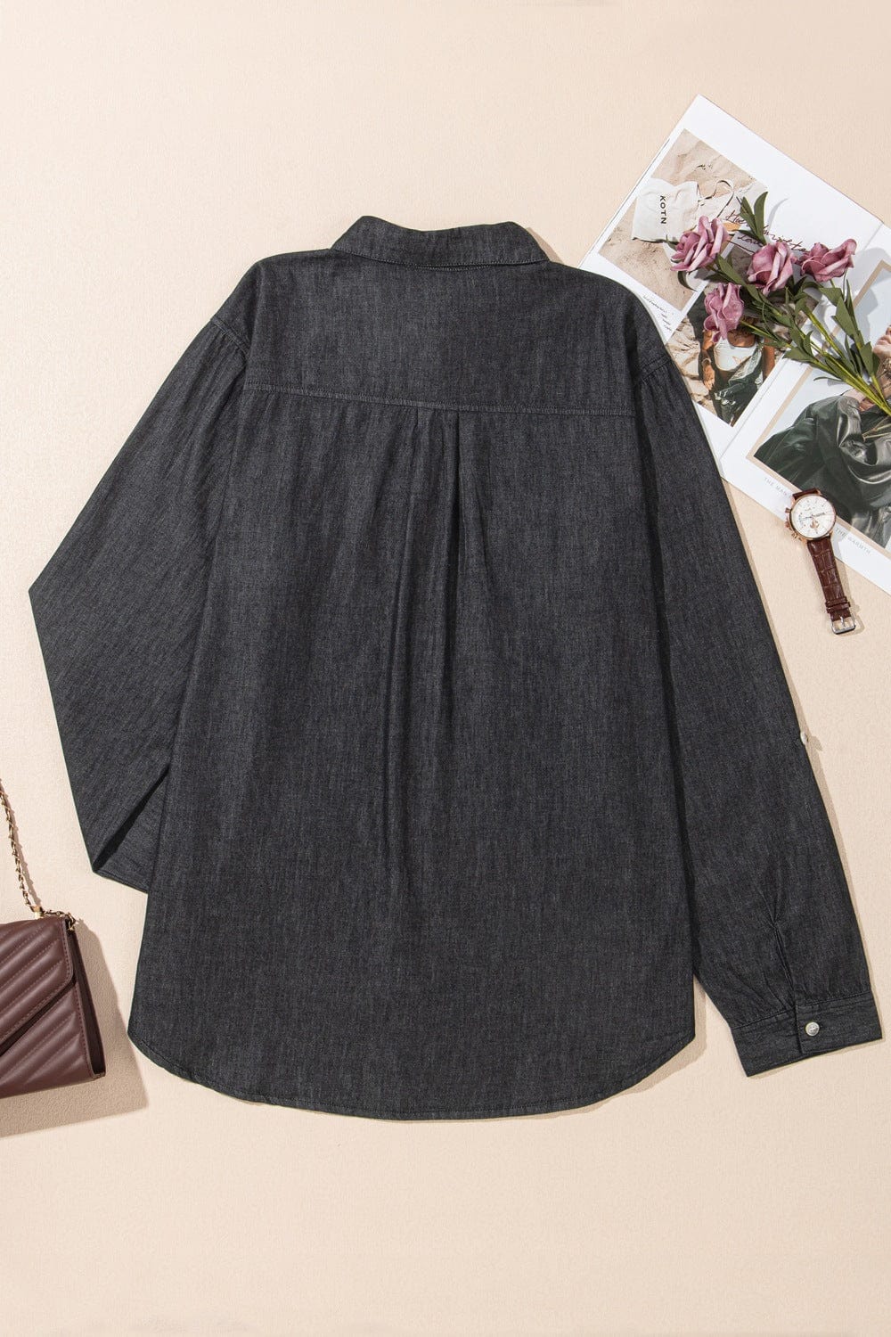 The Nichole Collection Pocketed Collared Neck Long Sleeve Denim Top