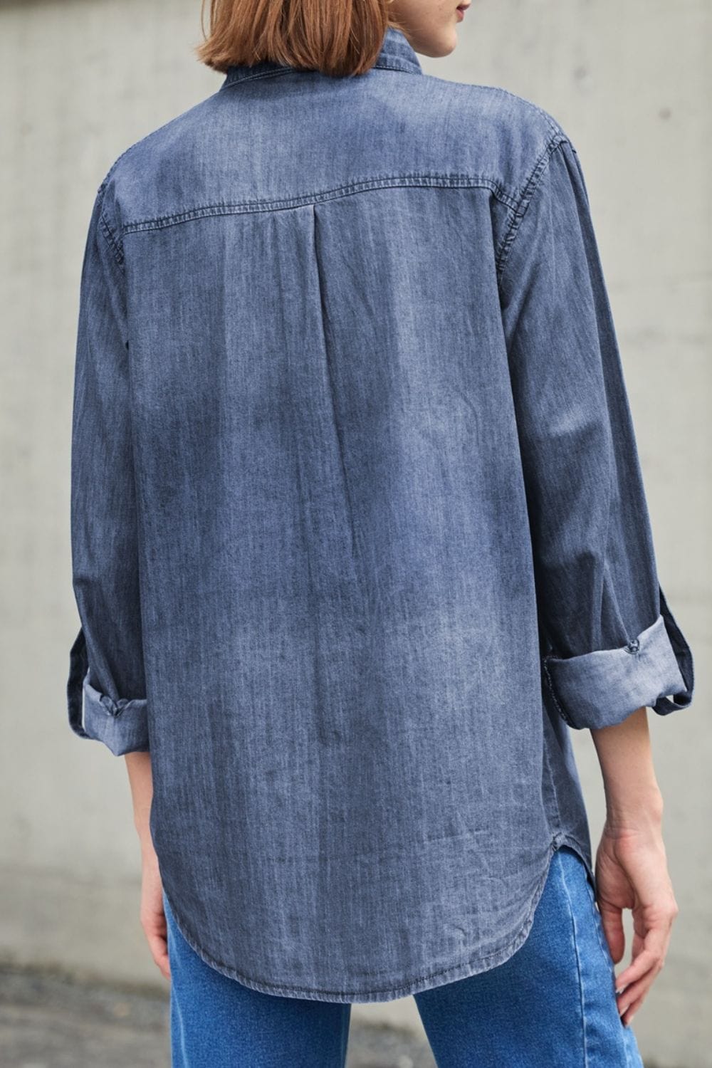 The Nichole Collection Pocketed Collared Neck Long Sleeve Denim Top