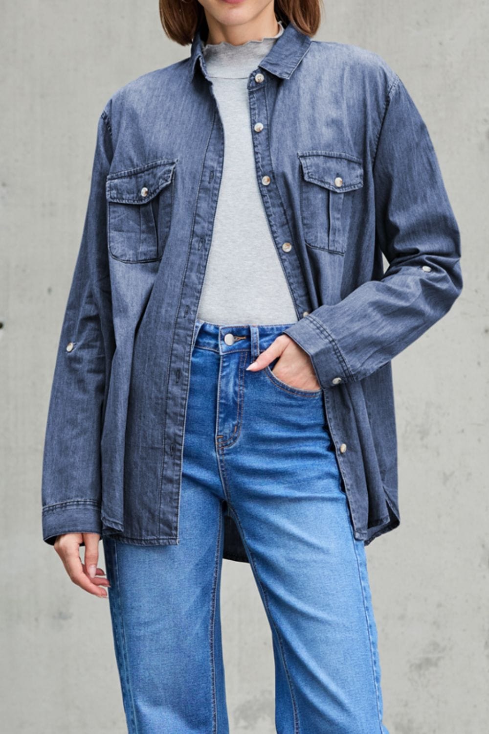 The Nichole Collection Pocketed Collared Neck Long Sleeve Denim Top